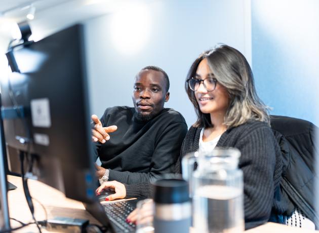 Two colleagues working together in front of a computer screen.